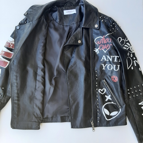 Dope Faux Leather Women's Graffiti Biker Jacket - Picture 8 of 9